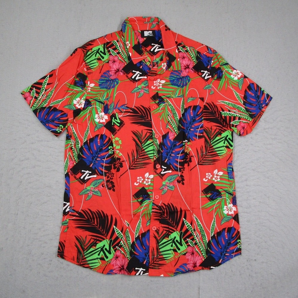 MTV Music Television Men Large Red Floral Short Sleeve Button Down Shirt